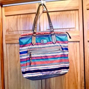 Dana Buchman Striped Tote in Teal, Navy, Coral and Brown Trim